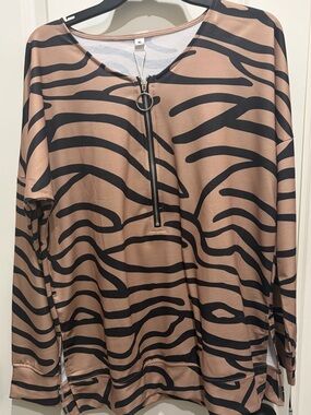 Tan and Black Zebra Print Zip Front Top